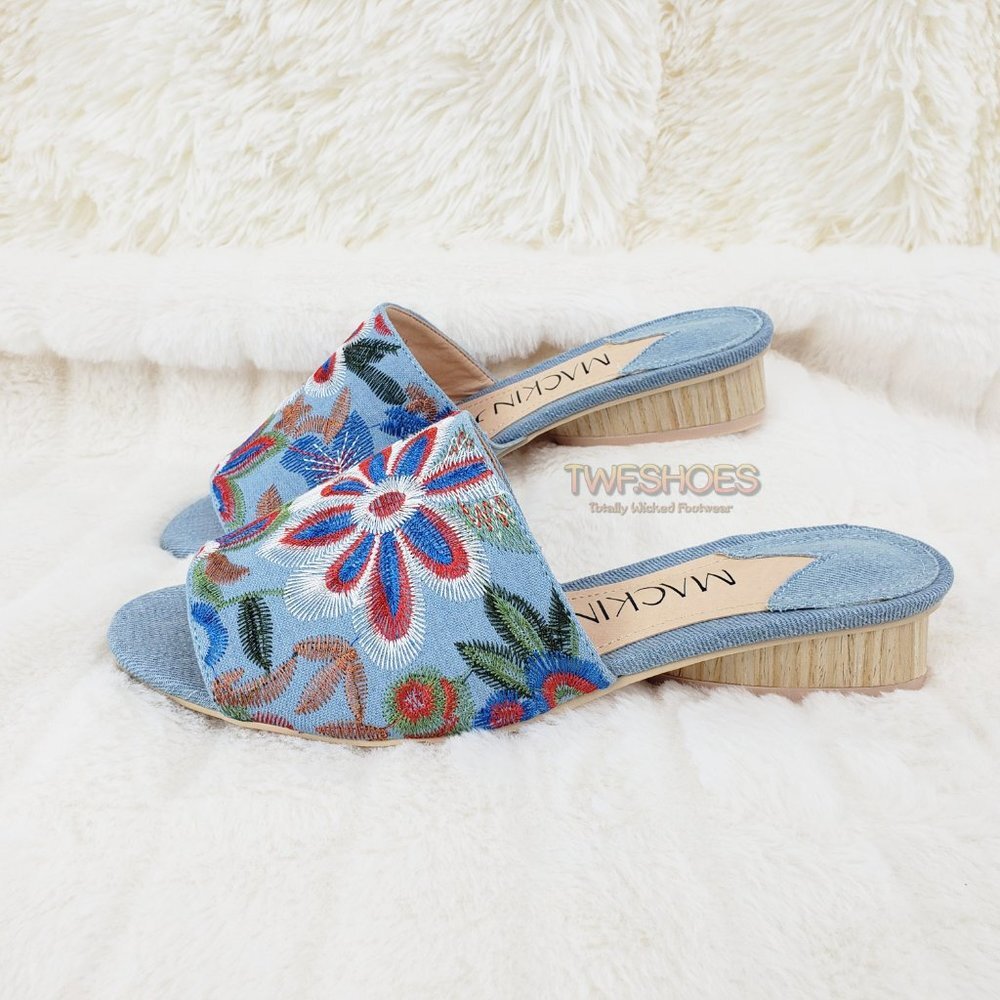 Flower Power Embroidered Denim slip on mule clogs Wood Wrap Heels 70's - Picture 5 of 10